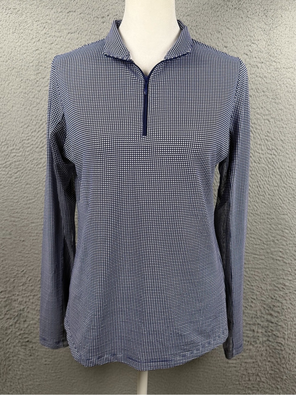 IBKUL Top Womens Small Blue White Plaid Quarter Zip Performance LS UPF 50+ Golf